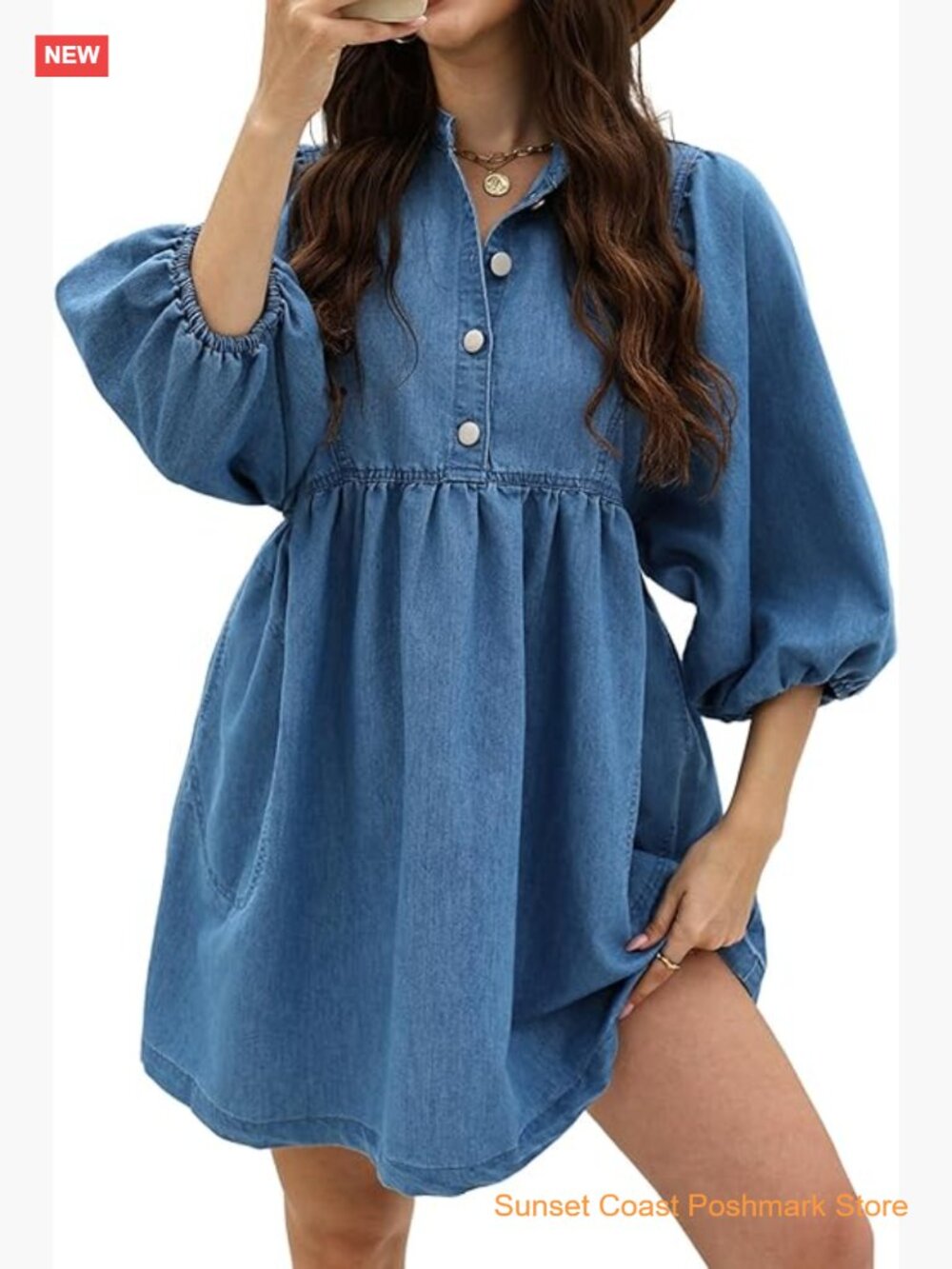 Loose Babydoll Denim Dress with Pockets 3/4 Puff Sleeve